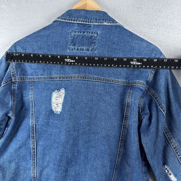 Forever 21 Denim Jacket Distressed Womens Size Small Button Front Blue - Picture 11 of 12